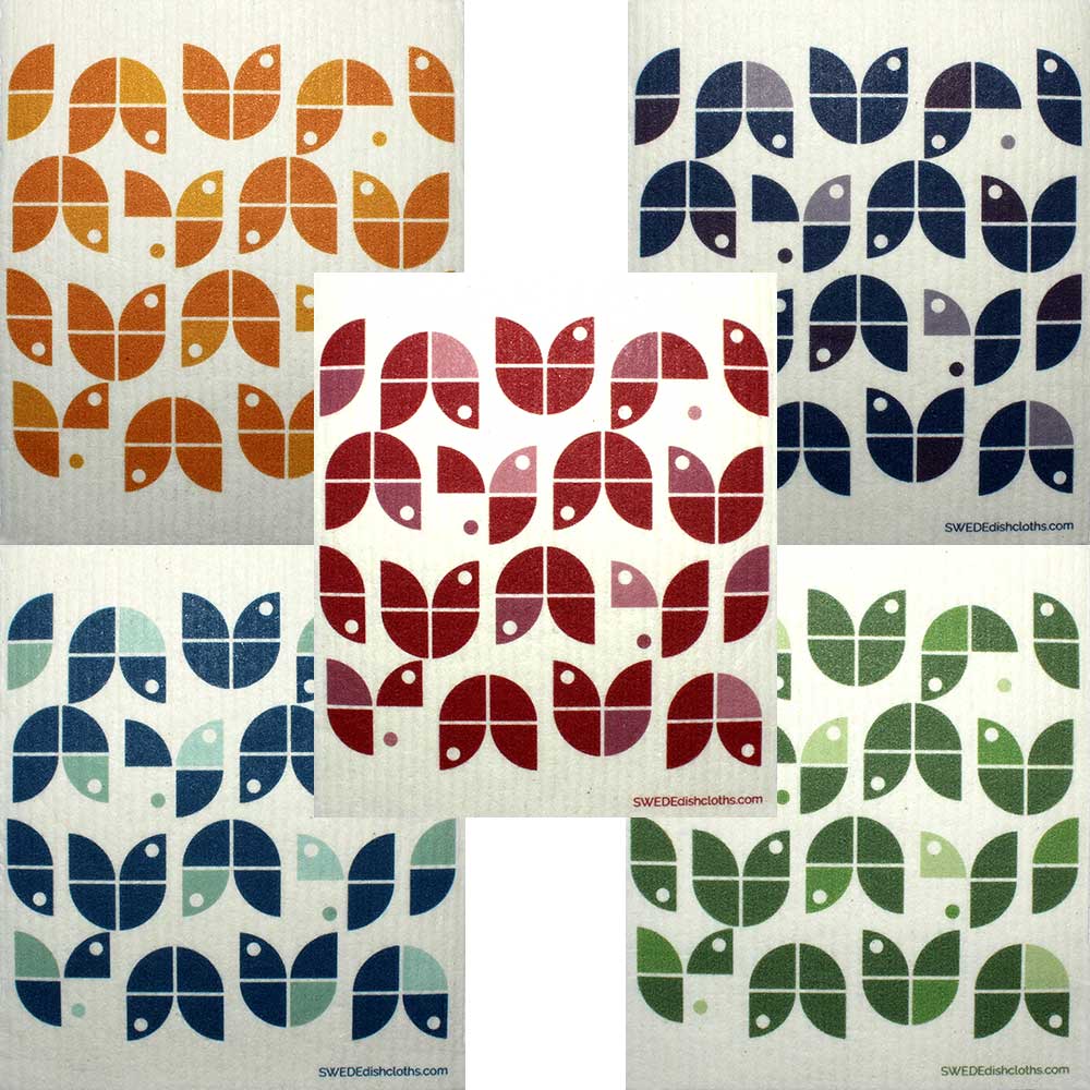 Geometric Flowers on White Set of 5 cloths (One of each design) Swedish Dishcloths ECO  Absorbent Cleaning Cloth