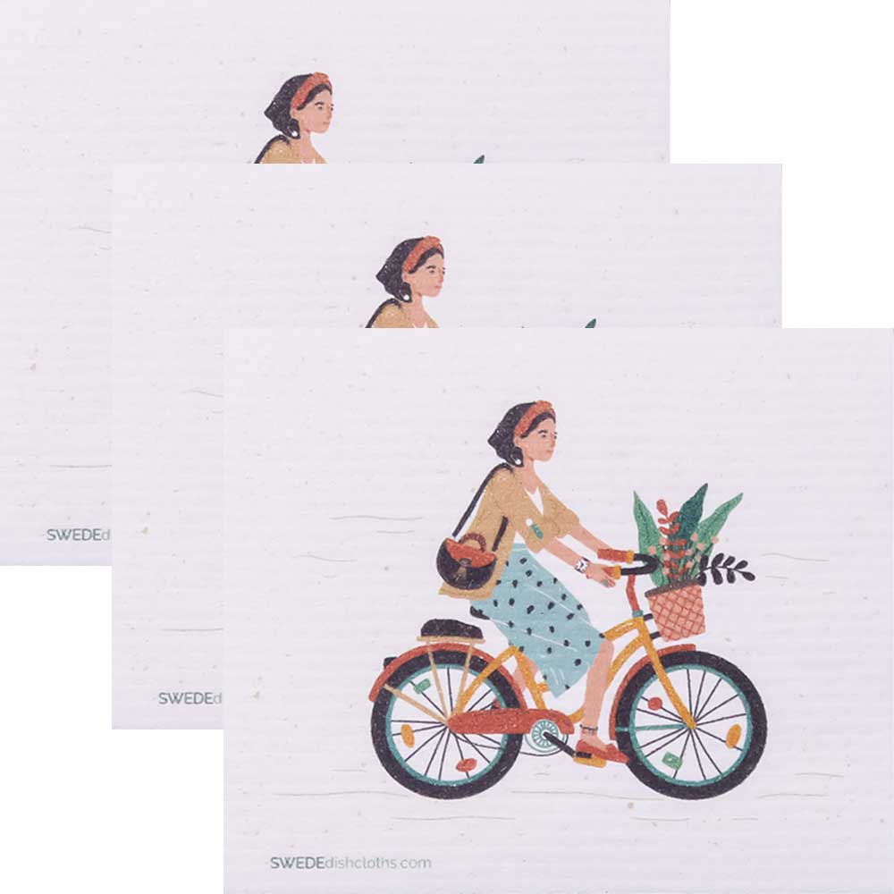 Bike with Basket Set of 3 cloths (One of each design) Swedish Dishcloths ECO Absorbent Cleaning Cloth - SWEDEdishcloths.com