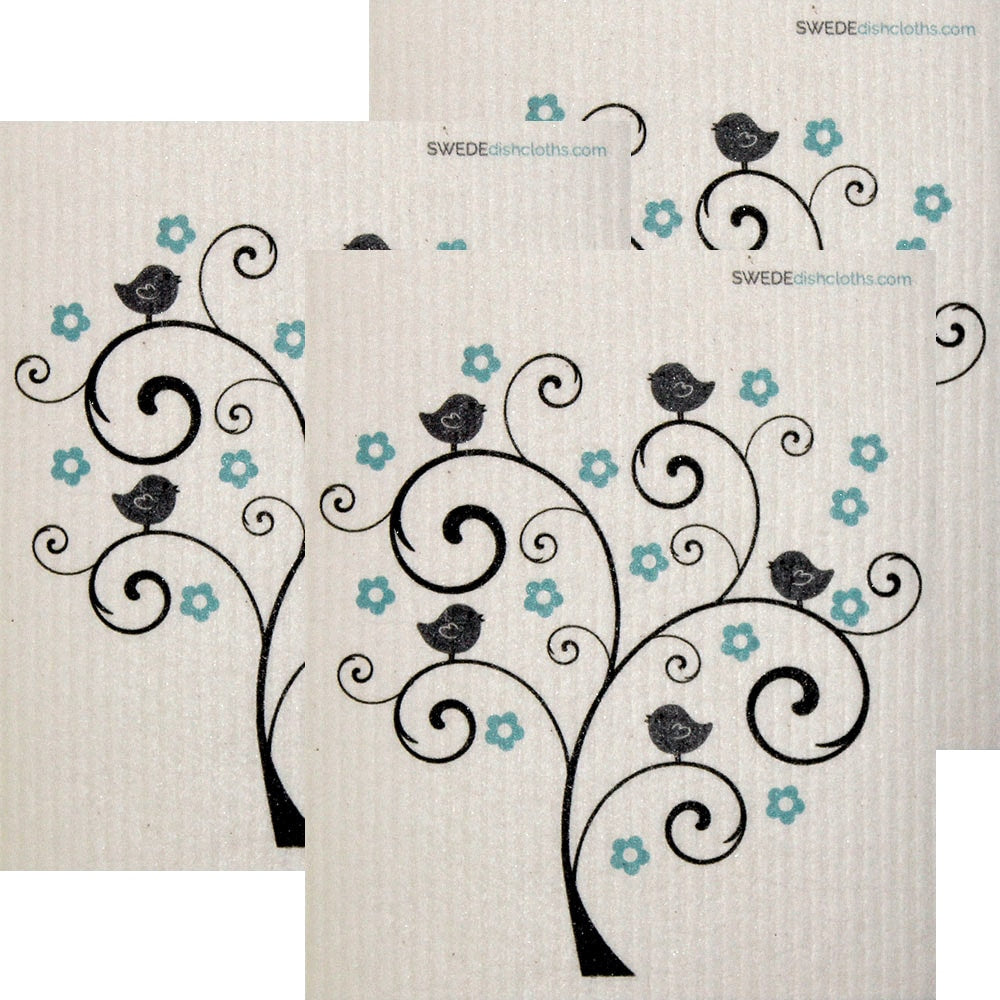 Bird and Flower Tree Set of 3 Swedish Dishcloths (One of each design) | ECO Friendly | Reusable Cleaning Spongecloth