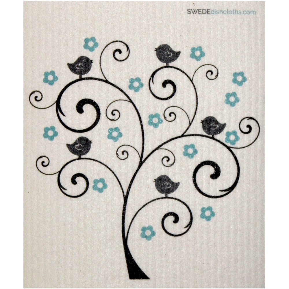 Bird and Flower Tree Single Swedish Dishcloth - SWEDEdishcloths.com