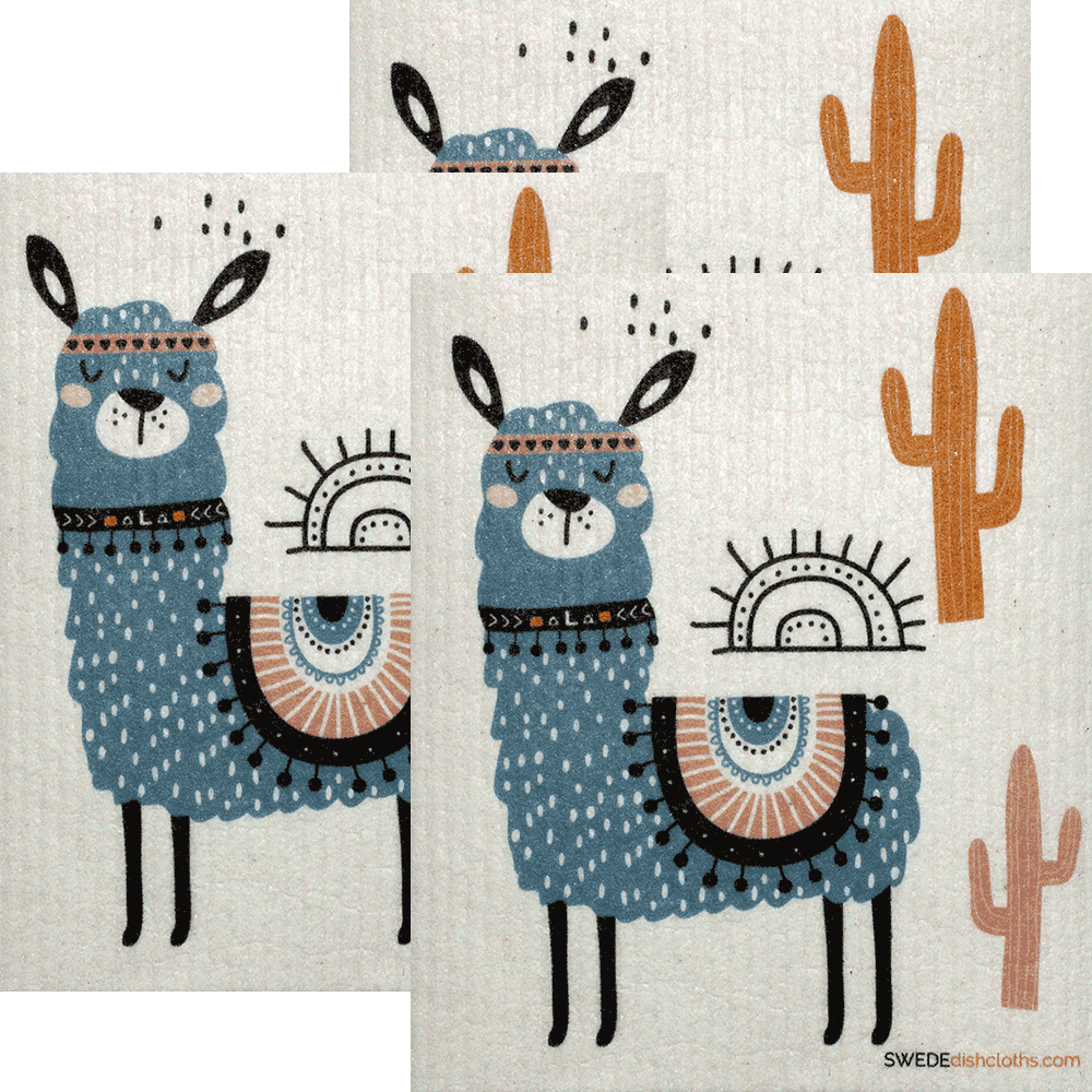 Blue Llama Set of 3 Swedish Dishcloths (One of each design) | ECO Friendly | Reusable Cleaning Spongecloth - SWEDEdishcloths.com