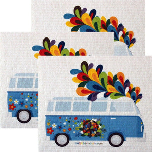 Flower Power Bus Set of 3 each Swedish Dishcloths | ECO Friendly Absorbent Cleaning Cloth | Reusable Cleaning Wipes - SWEDEdishcloths.com