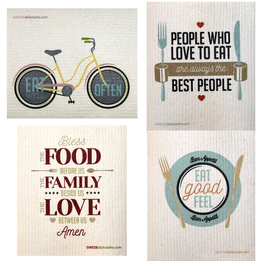 Food Sayings Set of 4 each Swedish Dishcloths | ECO Friendly Absorbent Cleaning Cloth | Reusable Cleaning Wipes - SWEDEdishcloths.com