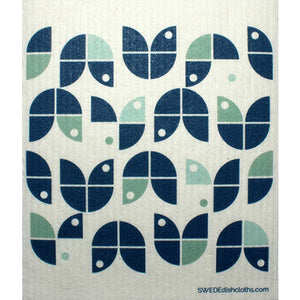 Geometric Flowers Blue on White One cloth Swedish Dishcloths | ECO Friendly Absorbent Cleaning Cloth - SWEDEdishcloths.com