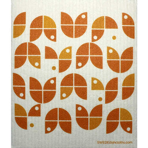 Geometric Flowers Orange on White One cloth Swedish Dishcloths | ECO Friendly Absorbent Cleaning Cloth - SWEDEdishcloths.com