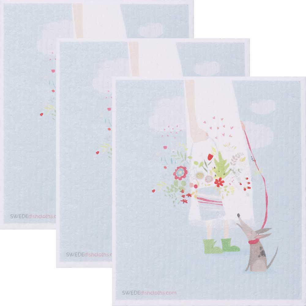 Girl and Bouquet Set of 3 cloths (One of each design) Swedish Dishcloths ECO Absorbent Cleaning Cloth - SWEDEdishcloths.com