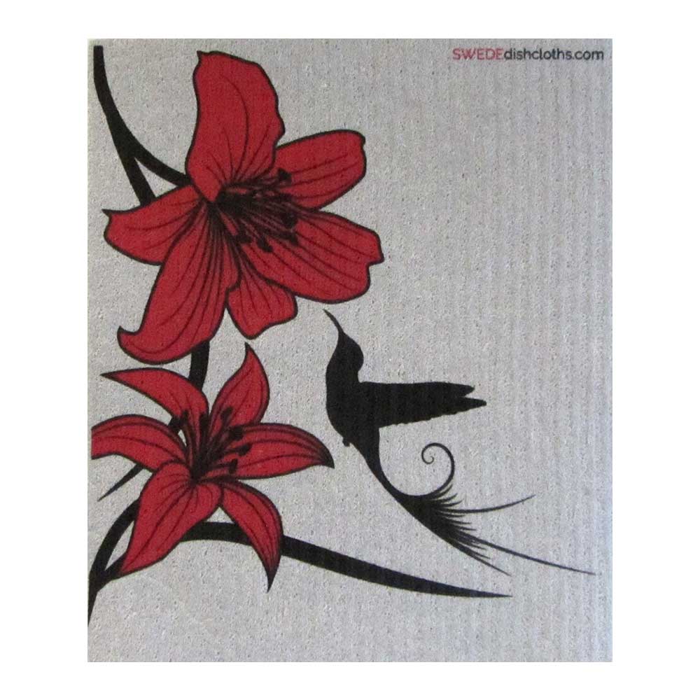 Lily and Hummingbird on Gray One cloth Swedish Dishcloths | ECO Friendly Absorbent Cleaning Cloth - SWEDEdishcloths.com
