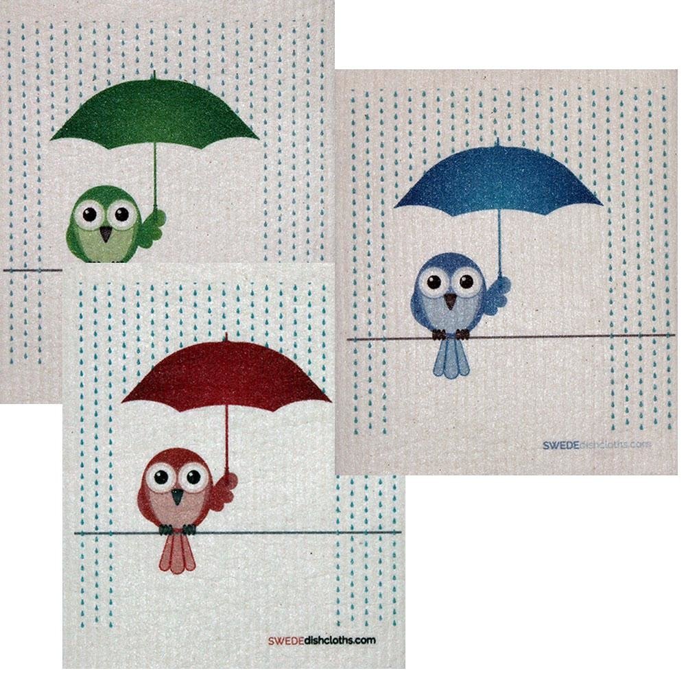 Mixed Birds in Rain Set of 3 each Swedish Dishcloths | ECO Friendly Absorbent Cleaning Cloth | Reusable Cleaning Wipes - SWEDEdishcloths.com