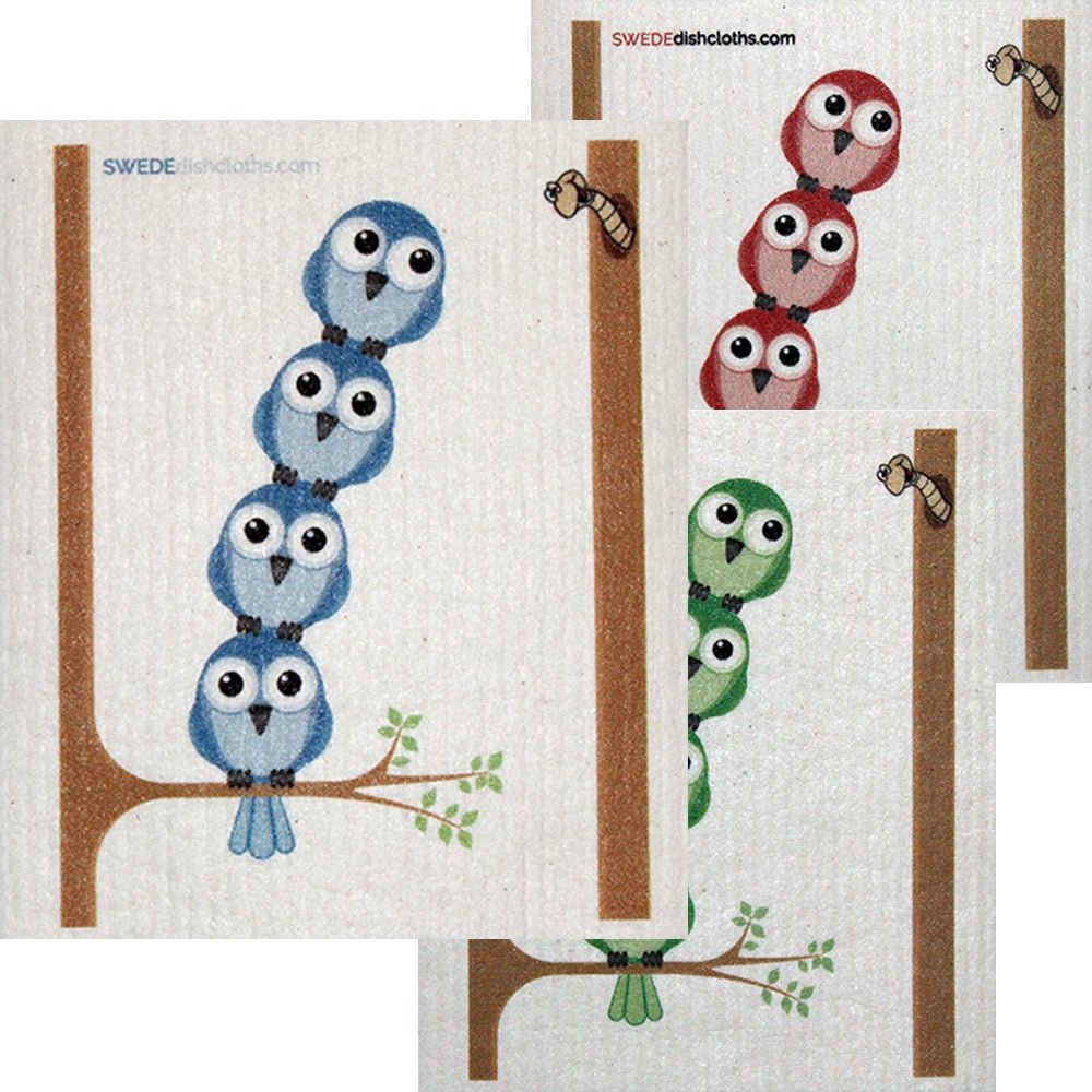 Mixed Birds in Tree Set of 3 each Swedish Dishcloths | ECO Friendly Absorbent Cleaning Cloth | Reusable Cleaning Wipes - SWEDEdishcloths.com