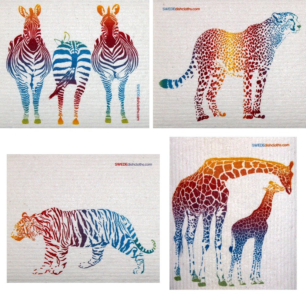 Mixed Colorful Animals Set of 4 each Swedish Dishcloths - SWEDEdishcloths.com