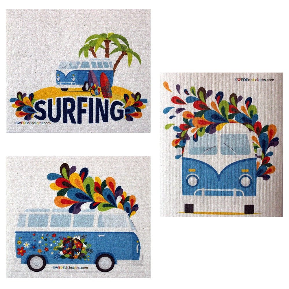 Mixed Hippie Bus Set of 3 each Swedish Dishcloths | ECO Friendly Absorbent Cleaning Cloth | Reusable Cleaning Wipes - SWEDEdishcloths.com