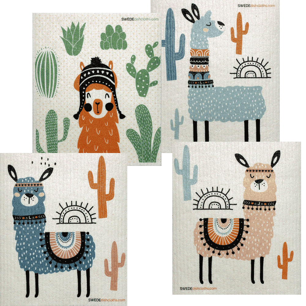 Mixed Llamas Set of 4 Swedish Dishcloths (One of each design) - SWEDEdishcloths.com