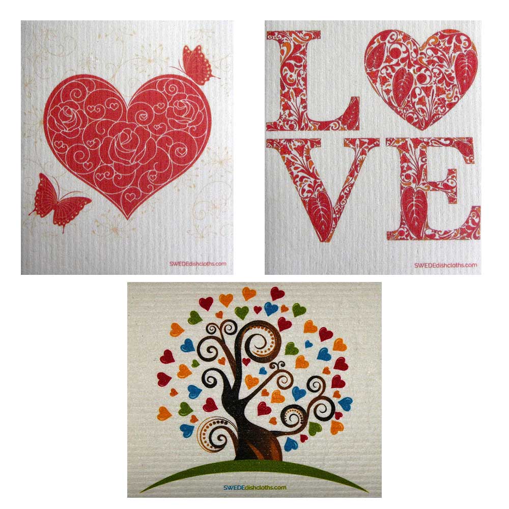 Mixed Valentine Set of 3 cloths (One of each design) Swedish Dishcloths | ECO Friendly Absorbent Cleaning Cloth | Reusable Cleaning Wipes - SWEDEdishcloths.com