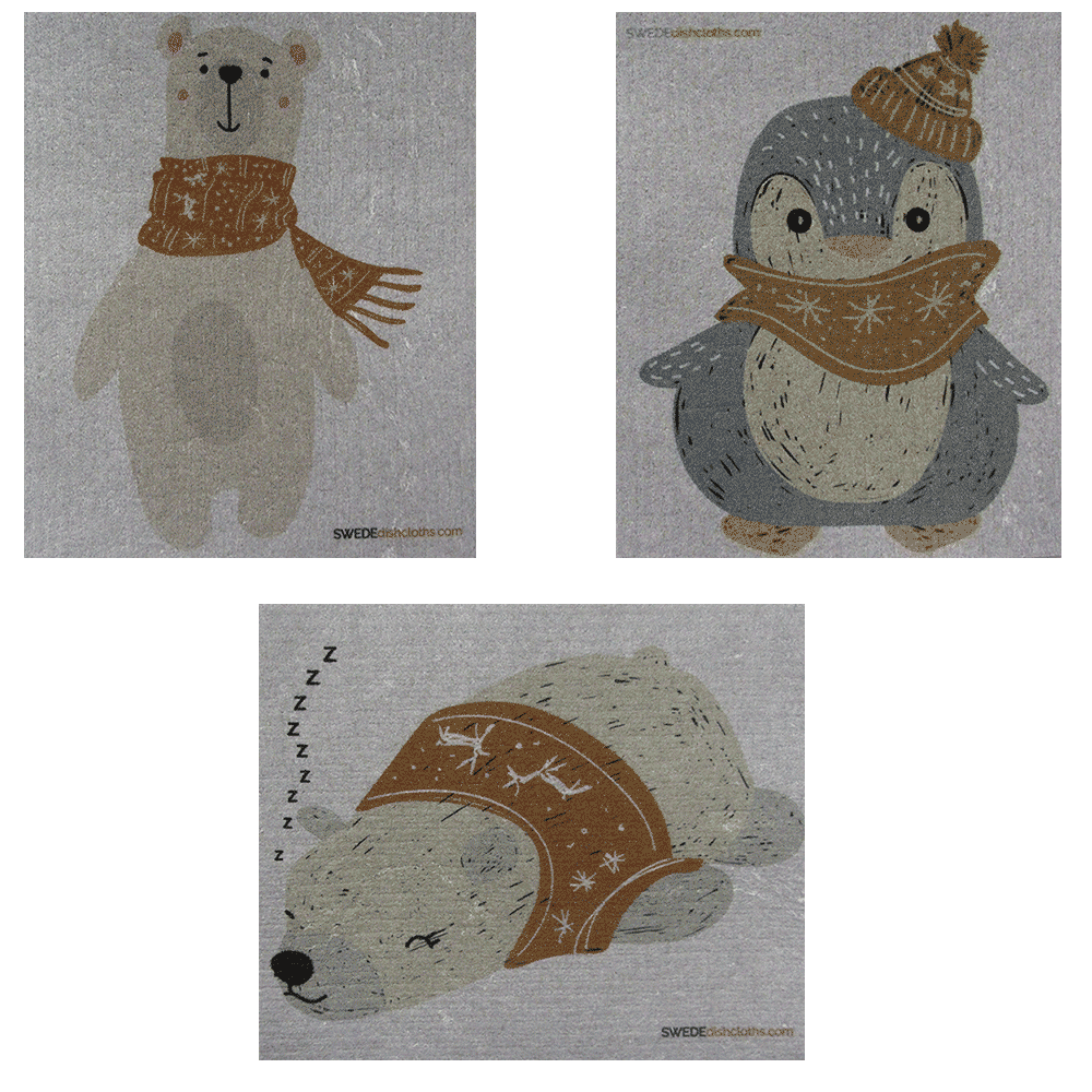 Mixed Winter Animals on Gray Set of 3 cloths (One of each design) Swedish Dishcloths ECO Absorbent Cleaning Cloth - SWEDEdishcloths.com