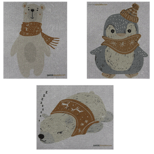 Mixed Winter Animals on Gray Set of 3 cloths (One of each design) Swedish Dishcloths ECO Absorbent Cleaning Cloth - SWEDEdishcloths.com