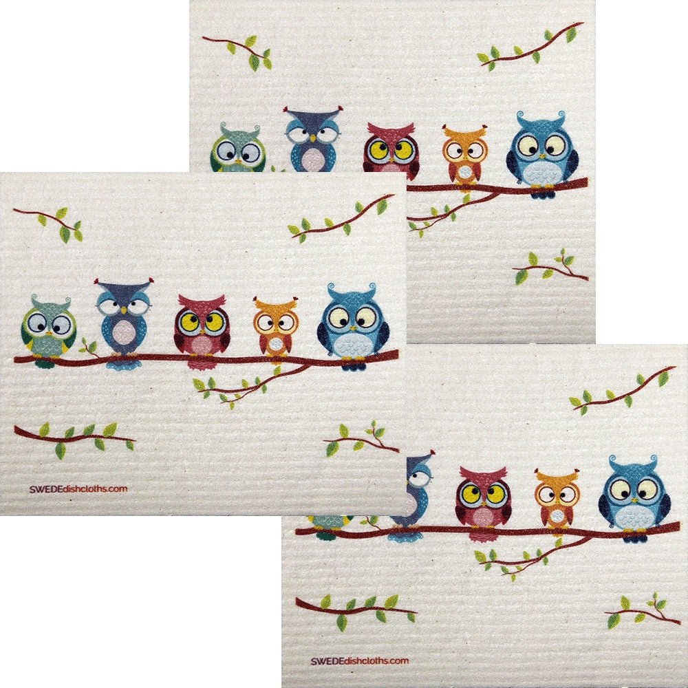 Owl Friends Set of 3 each Swedish Dishcloths | ECO Friendly Absorbent Cleaning Cloth | Reusable Cleaning Wipes - SWEDEdishcloths.com