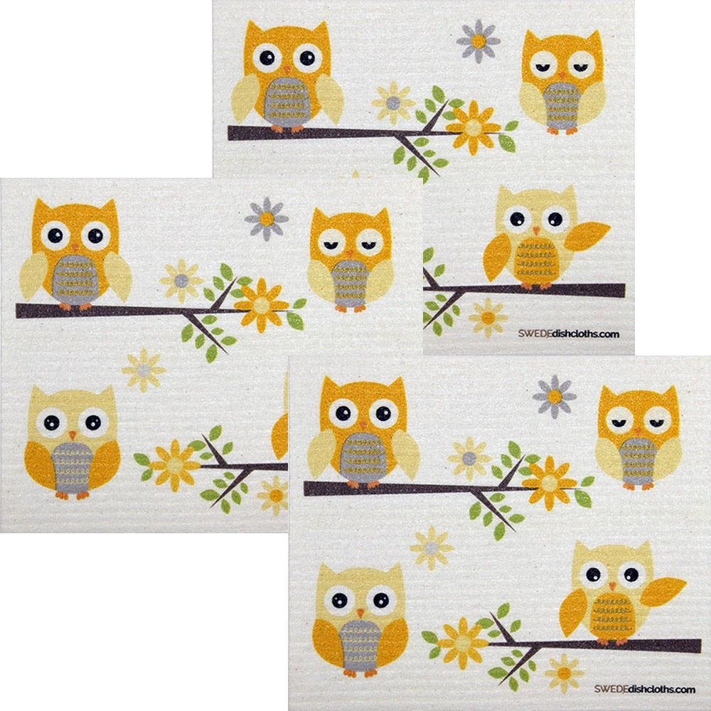 Owls in Branches Set of 3 each Swedish Dishcloths | ECO Friendly Absorbent Cleaning Cloth | Reusable Cleaning Wipes - SWEDEdishcloths.com