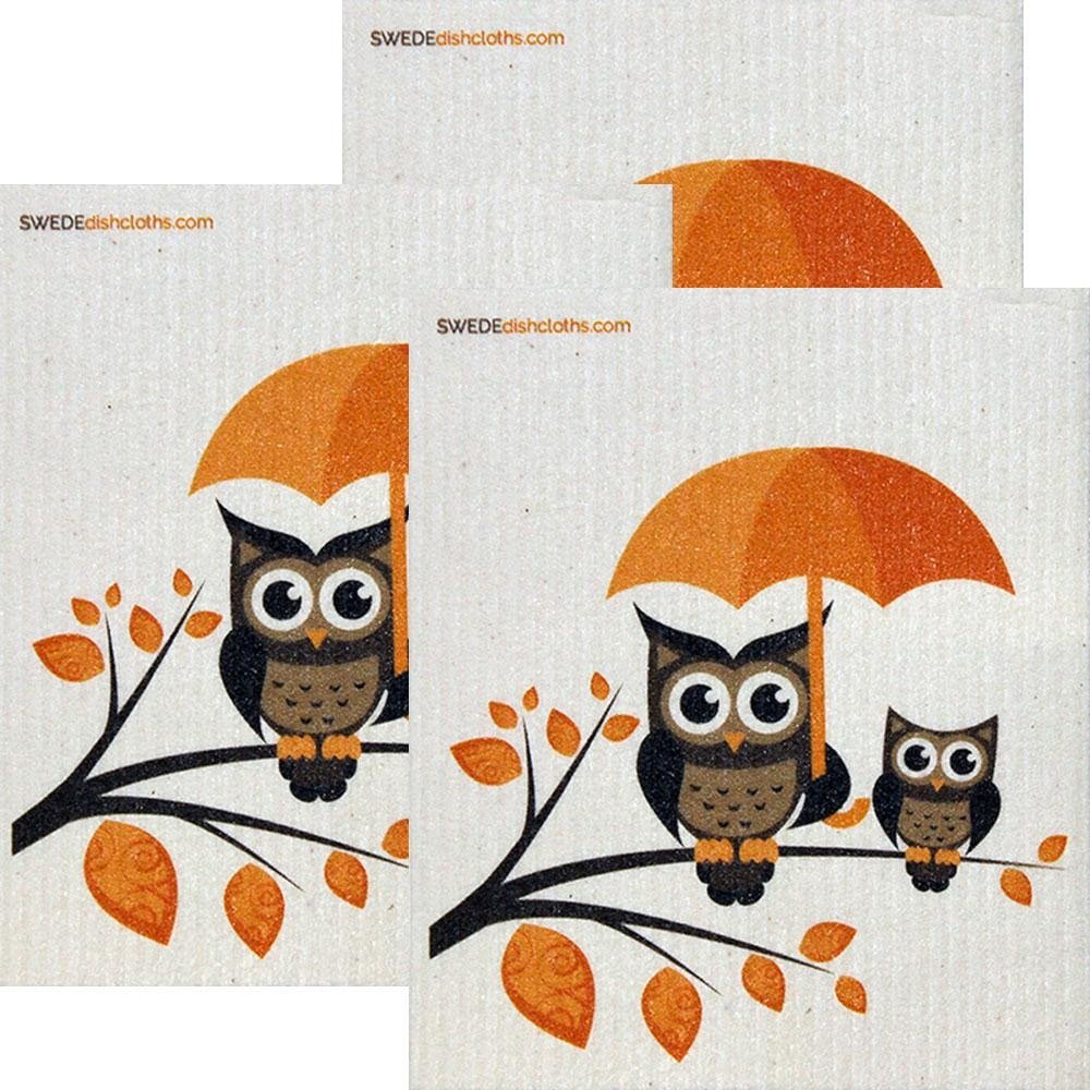 Owls with Umbrella Set of 3 each Swedish Dishcloths | ECO Friendly Absorbent Cleaning Cloth | Reusable Cleaning Wipes - SWEDEdishcloths.com