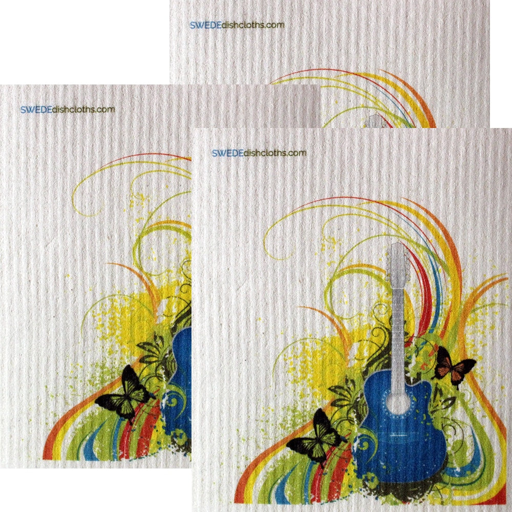 Rainbow Guitar Set of 3 each Swedish Dishcloths | ECO Friendly Absorbent Cleaning Cloth | Reusable Cleaning Wipes
