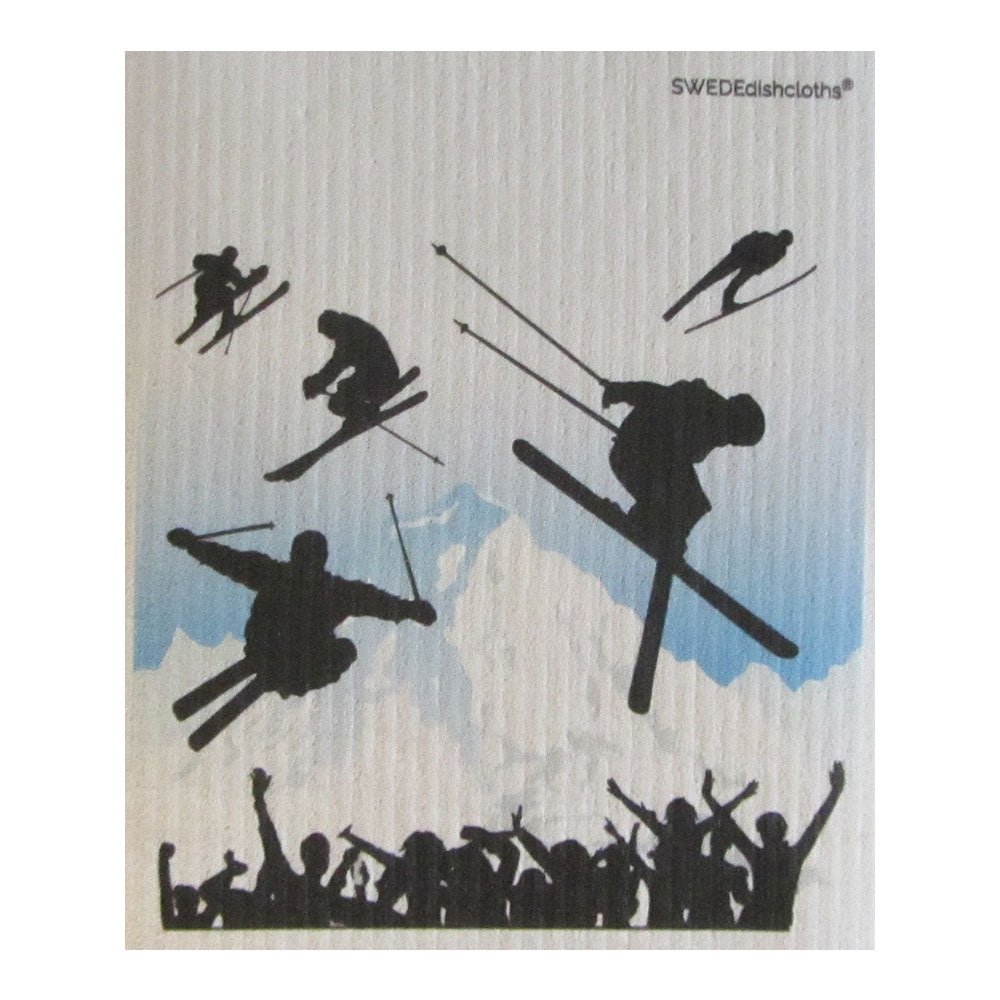 Ski Jumping ONE each on white Swedish Dishcloth | ECO Friendly Absorbent Cleaning Cloth | Reusable Cleaning Wipes - SWEDEdishcloths.com
