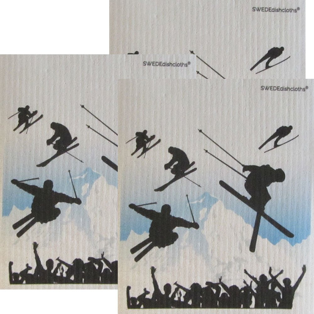 Ski Jumping Set of 3 each on white Swedish Dishcloths | ECO Friendly Absorbent Cleaning Cloth - SWEDEdishcloths.com