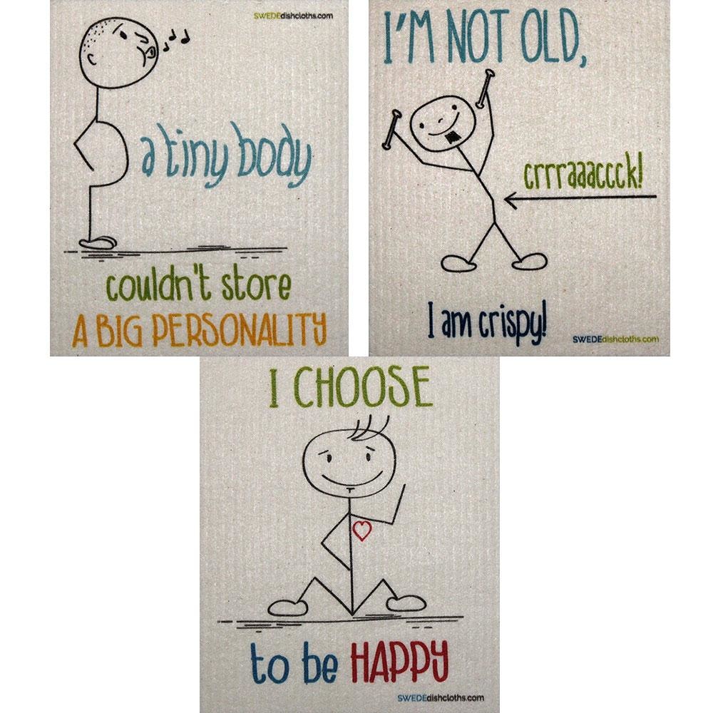 StickMan Sayings Set of 3 each Swedish Dishcloths | ECO Friendly Absorbent Cleaning Cloth | Reusable Cleaning Wipes