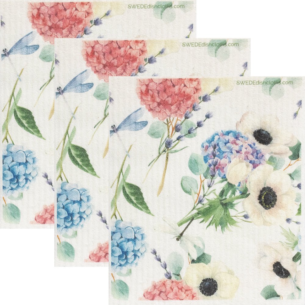 Swedish Dishcloth Dragonfly Hydrangea Set of 3 Spongelcoths - SWEDEdishcloths.com