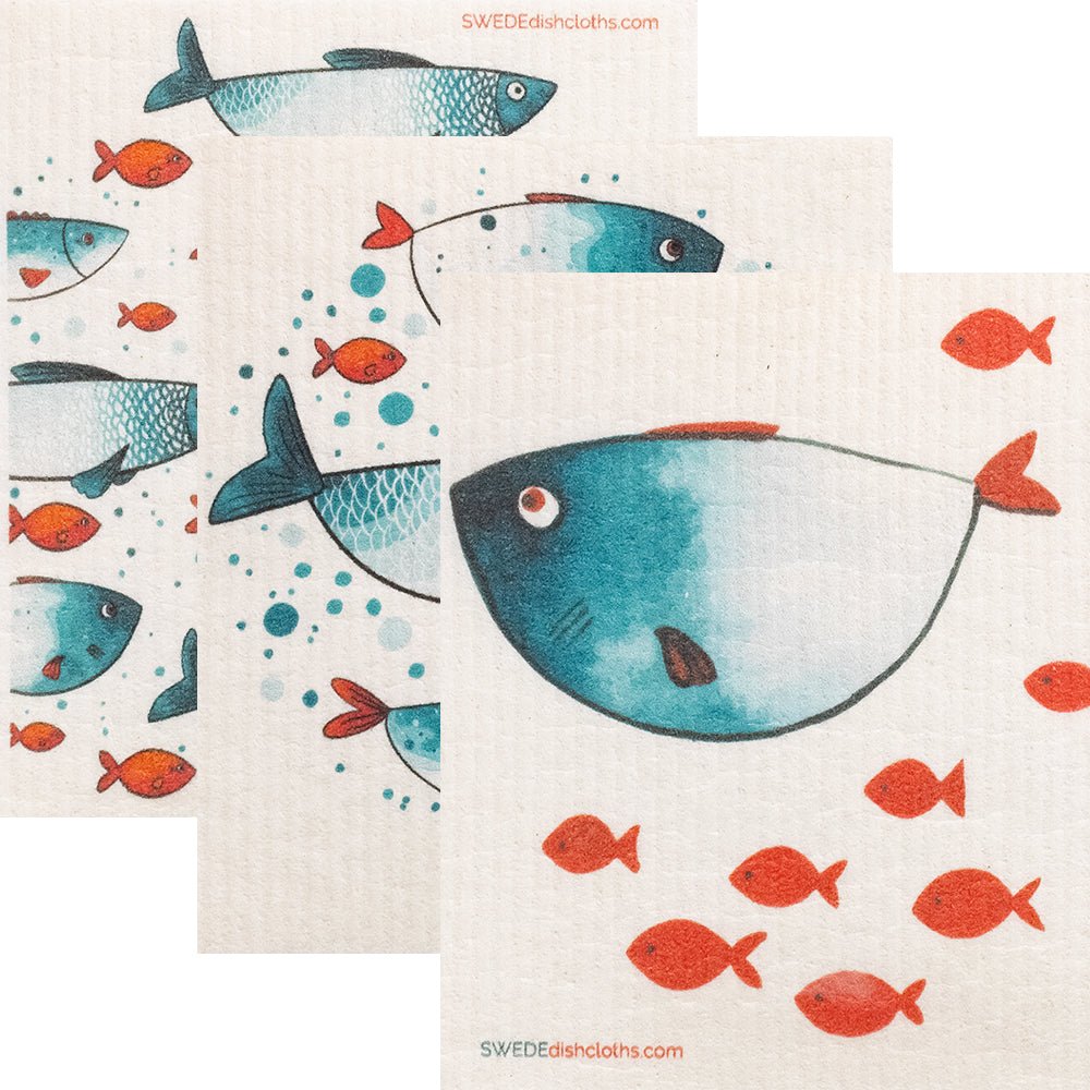 Swedish Dishcloth Mixed Blue Fish Set of 3 Sponge cloths - SWEDEdishcloths.com