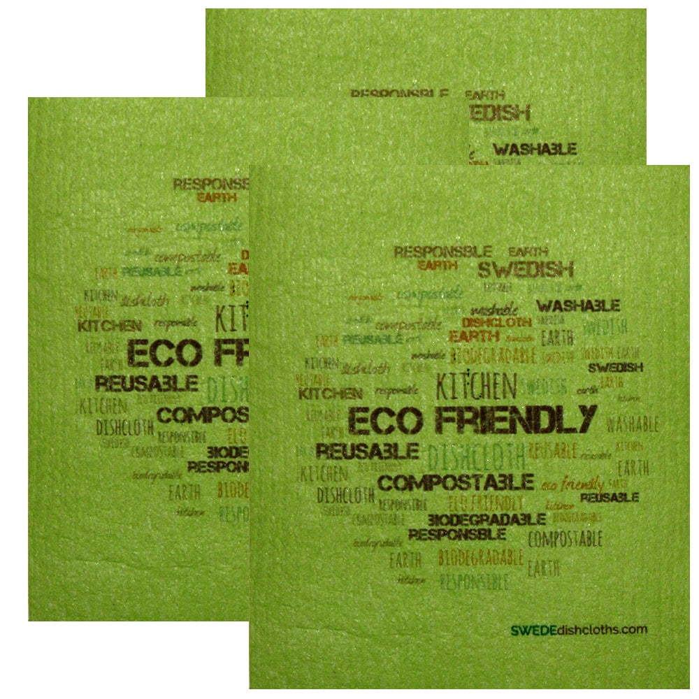 Swedish Dishcloth  Set of 3 each Swedish Dishcloths ECO Wordcloud on Green Design