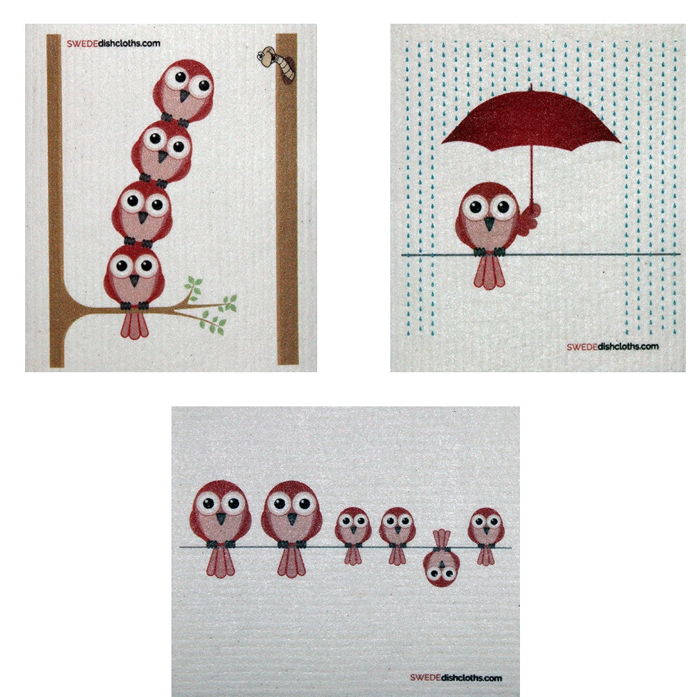 Swedish Dishcloth  Set of 3 each Swedish Dishcloths Mixed Redbirds Design