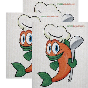 Swedish Dishcloth  Set of 3 each Swedish Dishcloths Orange Fish Chef Design