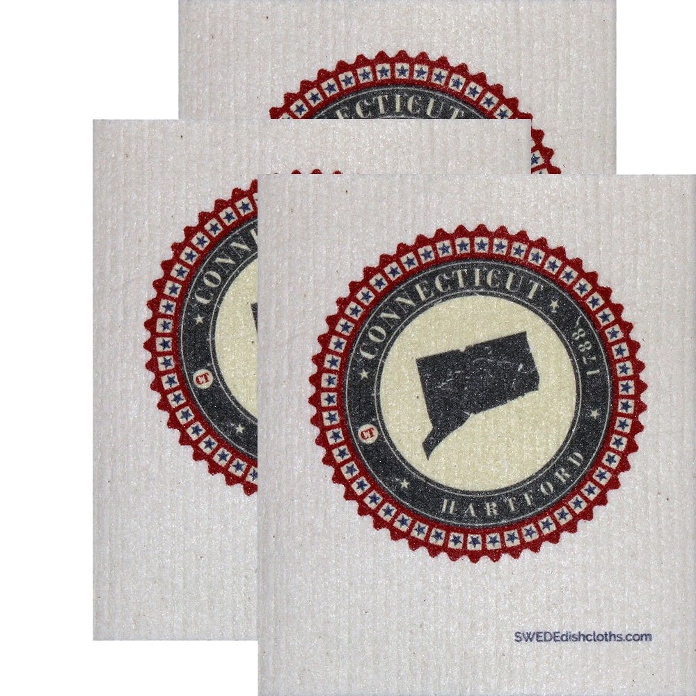 Swedish Dishcloth Set of 3 each Swedish Dishcloth Badge Design - Connecticut - SWEDEdishcloths.com