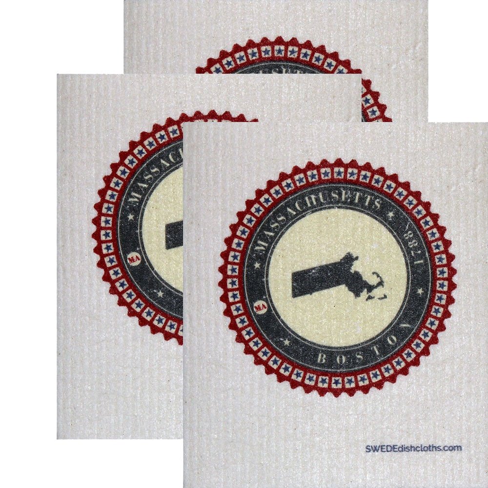 Swedish Dishcloth Set of 3 each Swedish Dishcloth Badge Design - Massachusetts - SWEDEdishcloths.com
