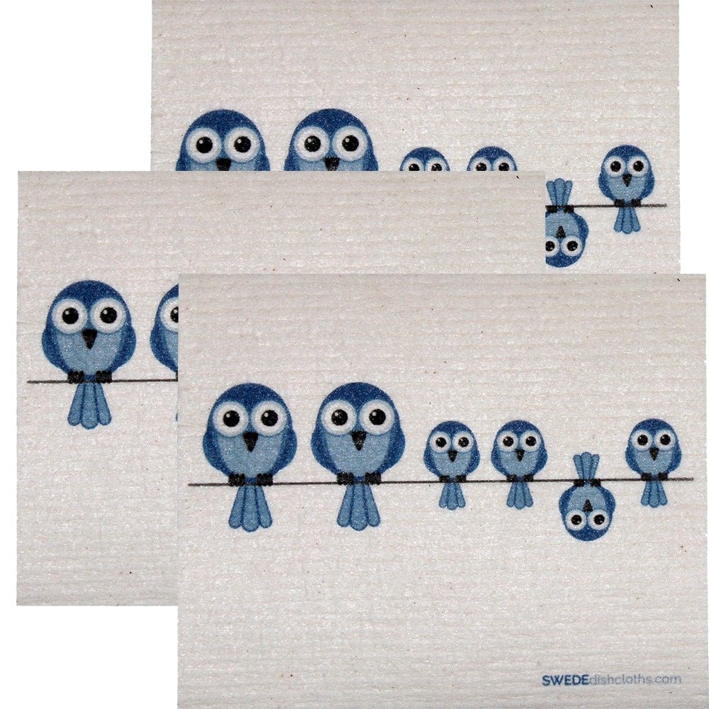 Swedish Dishcloth Set of 3 each Swedish Dishcloths Bluebirds on Wire Design - SWEDEdishcloths.com