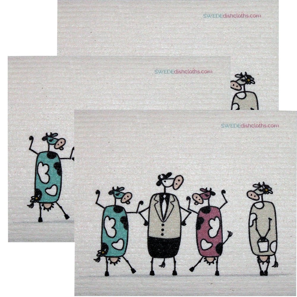 Swedish Dishcloth Set of 3 each Swedish Dishcloths Fun Cows Chatting Design - SWEDEdishcloths.com