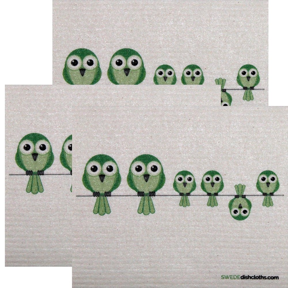 Swedish Dishcloth Set of 3 each Swedish Dishcloths Greenbirds on Wire Design - SWEDEdishcloths.com