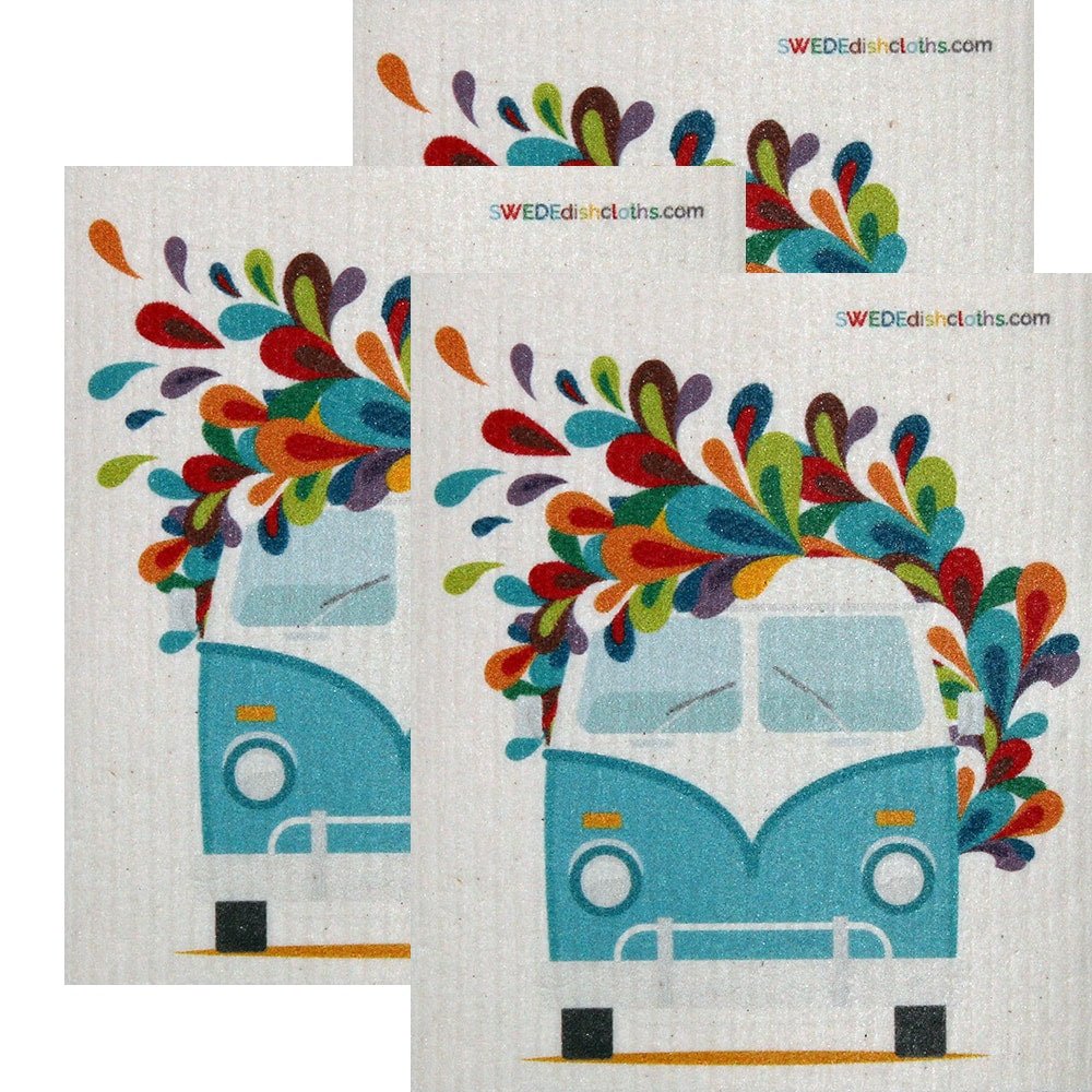Swedish Dishcloth Set of 3 each Swedish Dishcloths Hippie Bus Design - SWEDEdishcloths.com