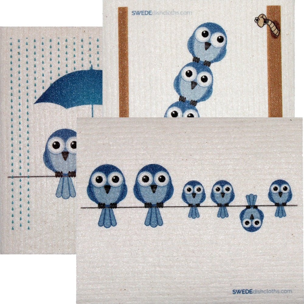 Swedish Dishcloth Set of 3 each Swedish Dishcloths Mixed Bluebirds Design - SWEDEdishcloths.com