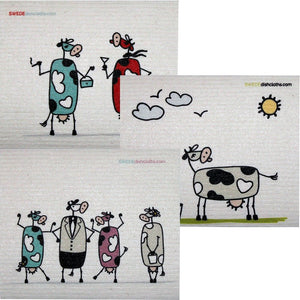 Swedish Dishcloth Set of 3 each Swedish Dishcloths Mixed Fun Cows Design - SWEDEdishcloths.com