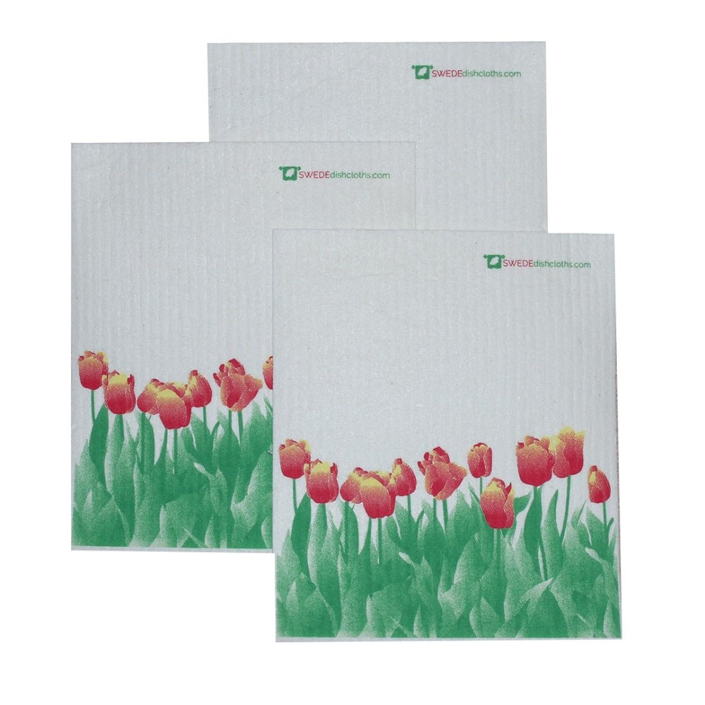 Swedish Dishcloth Set of 3 each Swedish Dishcloths with Orange Tulips Design - SWEDEdishcloths.com