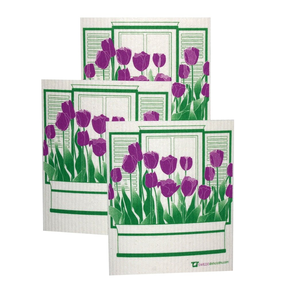 Swedish Dishcloth Set of 3 each Swedish Dishcloths with Purple Tulips Design - SWEDEdishcloths.com