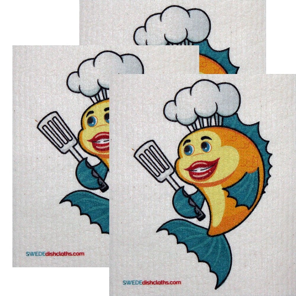 Swedish Dishcloth Set of 3 each Swedish Dishcloths Yellow Fish Chef Design - SWEDEdishcloths.com