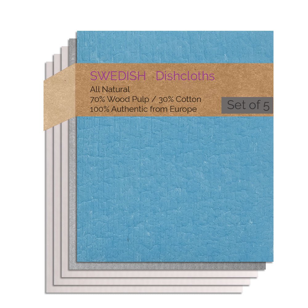 Swedish Dishcloths 5 Pack (1 Blue, 1 Gray, 3 Natural) Combo GTNNN Paper Towel Replacements | Swededishcloths - SWEDEdishcloths.com