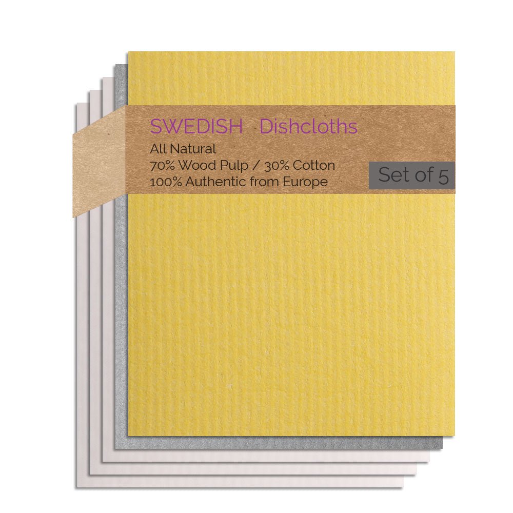 Swedish Dishcloths 5 Pack (1 Gray, 1 Yellow, 3 Natural) Combo GYNNN Paper Towel Replacements | Swededishcloths - SWEDEdishcloths.com