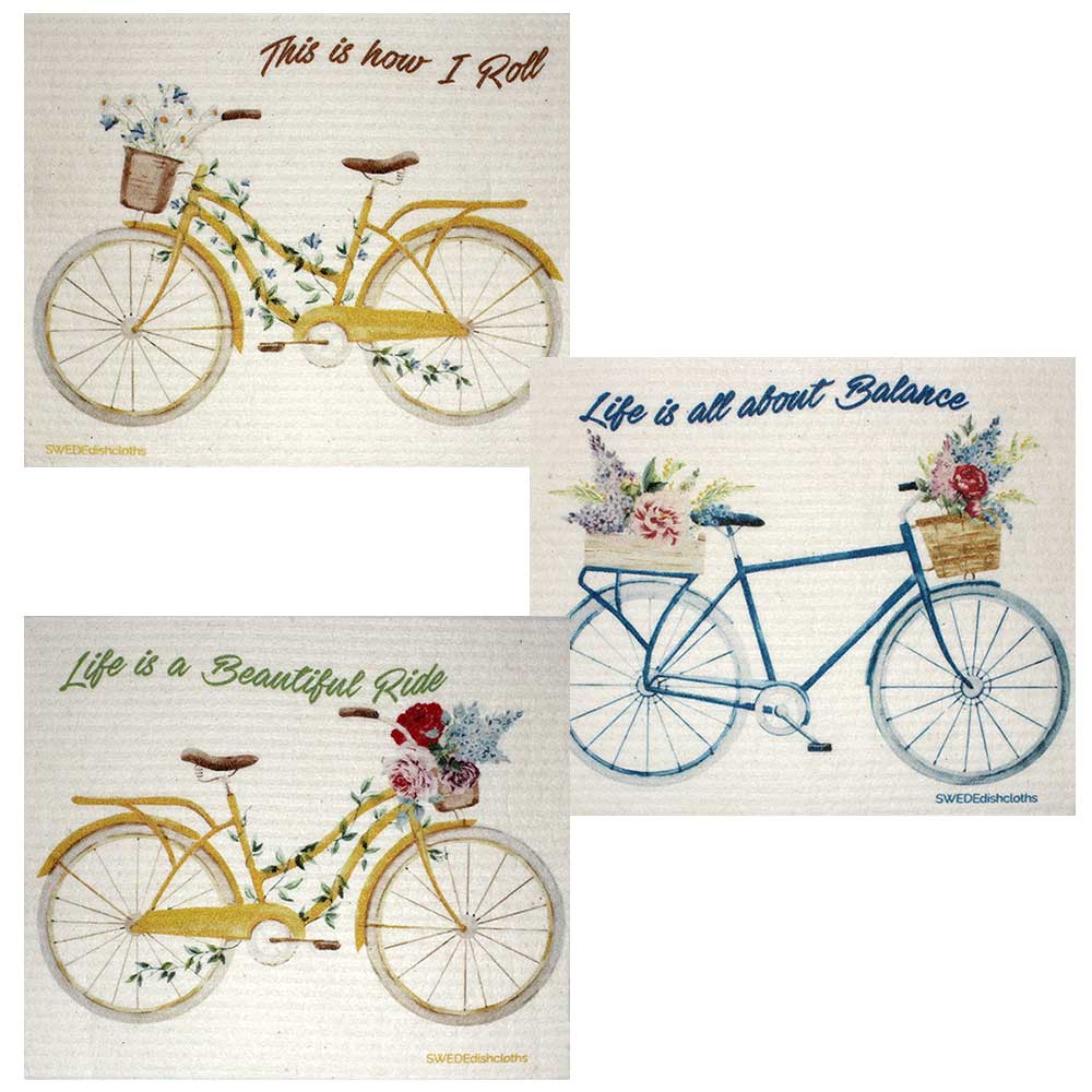 Swedish Dishcloths Bike Sayings Set of 3 cloths (one of each design) Eco Friendly Absorbent Cleaning Cloth - SWEDEdishcloths.com