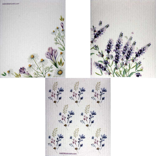 Swedish Dishcloths Mixed Purple Wildflowers Set of 3 cloths (one of each design) Eco Friendly Absorbent Cleaning Cloth - SWEDEdishcloths.com