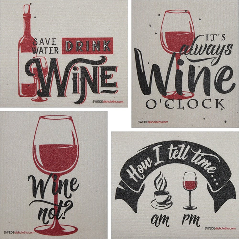 Wine Time Sayings Set of 4 each Swedish Dishcloths | ECO Friendly Absorbent Cleaning Cloth | Reusable Cleaning Wipes - SWEDEdishcloths.com