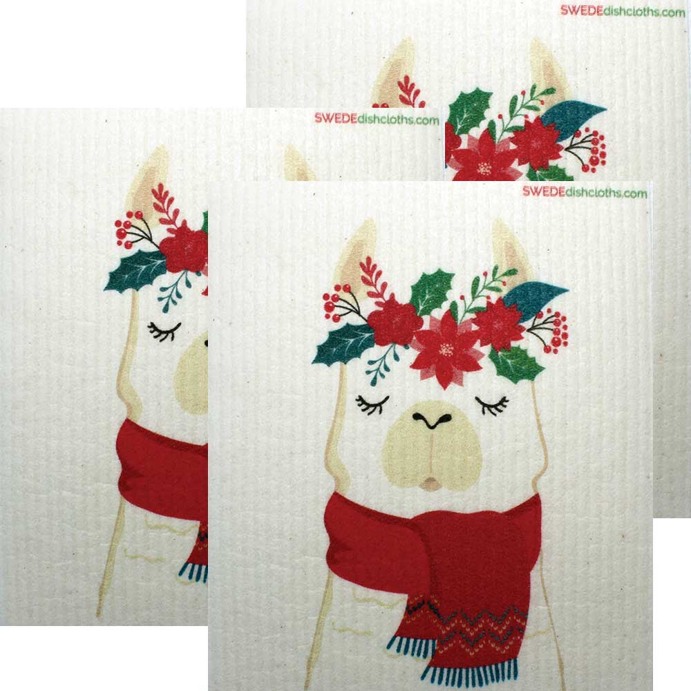 Winter Llama Set of 3 cloths Swedish Dishcloths Eco Friendly Absorbent Cleaning Cloth - SWEDEdishcloths.com