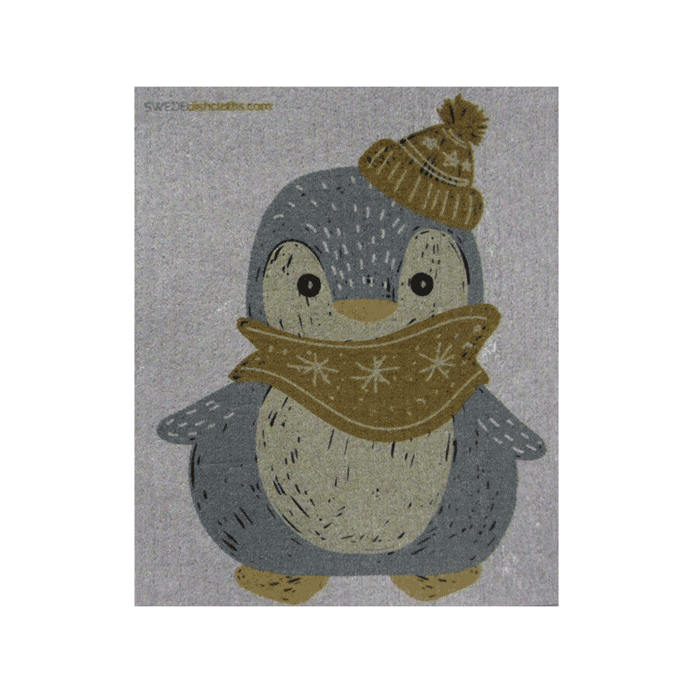 Winter Penguin on Gray ONE each Swedish Dishcloth | ECO Friendly Absorbent Cleaning Cloth | Reusable Cleaning Wipes - SWEDEdishcloths.com