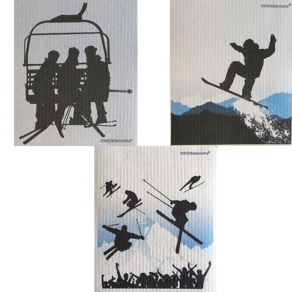 Winter Sports Set of 3 cloths (One of each design) Swedish Dishcloths | ECO Absorbent Cleaning Cloth - SWEDEdishcloths.com